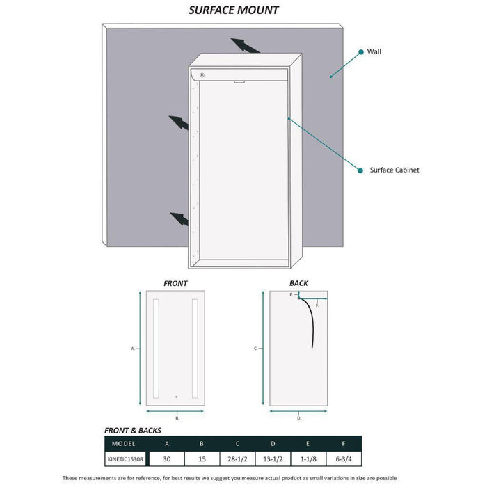 Krugg Reflections Kinetic 15" x 30" 6000K Single Right Opening Rectangular Recessed/Surface-Mount Illuminated Silver Backed LED Medicine Cabinet Mirror With Built-in Defogger, Dimmer and Electrical Outlet