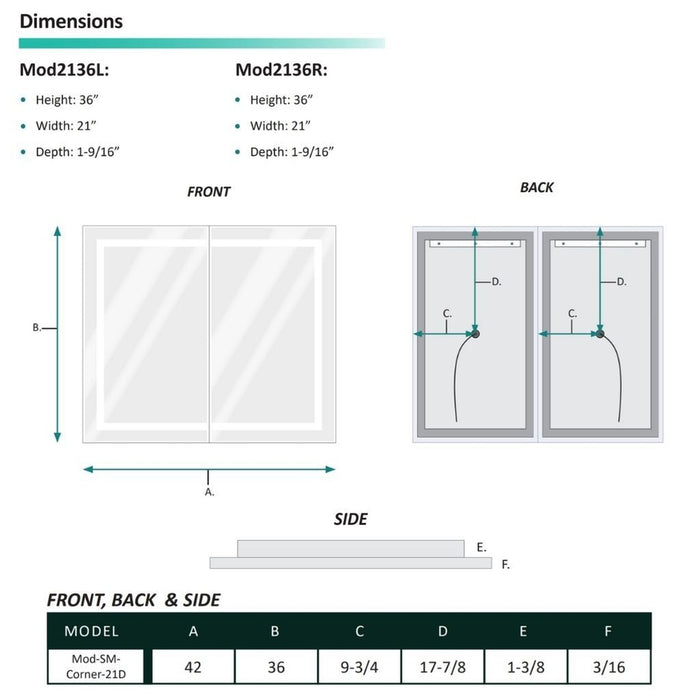 Krugg Reflections Mod 42" x 36" 21D 5000K Rectangular Modular Corner Wall-Mounted Silver-Backed LED Bathroom Vanity Mirror With Built-in Defogger and Dimmer