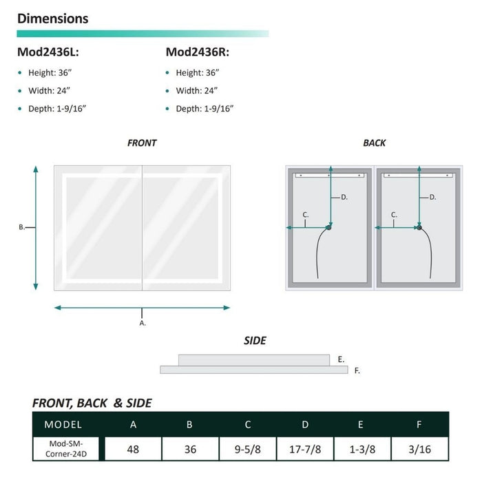 Krugg Reflections Mod 48" x 36" 24D 5000K Rectangular Modular Corner Wall-Mounted Silver-Backed LED Bathroom Vanity Mirror With Built-in Defogger and Dimmer