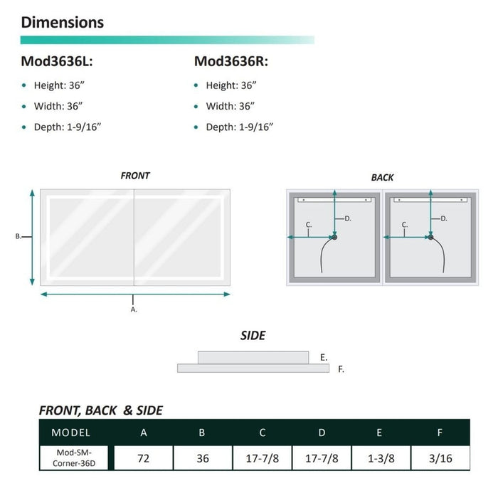 Krugg Reflections Mod 72" x 36" 36D 5000K Rectangular Modular Corner Wall-Mounted Silver-Backed LED Bathroom Vanity Mirror With Built-in Defogger and Dimmer