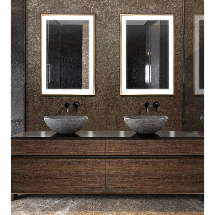Krugg Reflections Soho 24" x 36" 5000K Rectangular Matte Gold Wall-Mounted Framed LED Bathroom Vanity Mirror With Built-in Defogger and Dimmer