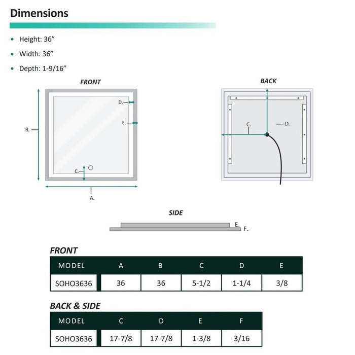 Krugg Reflections Soho 36" x 36" 5000K Square Matte Gold Wall-Mounted Framed LED Bathroom Vanity Mirror With Built-in Defogger and Dimmer