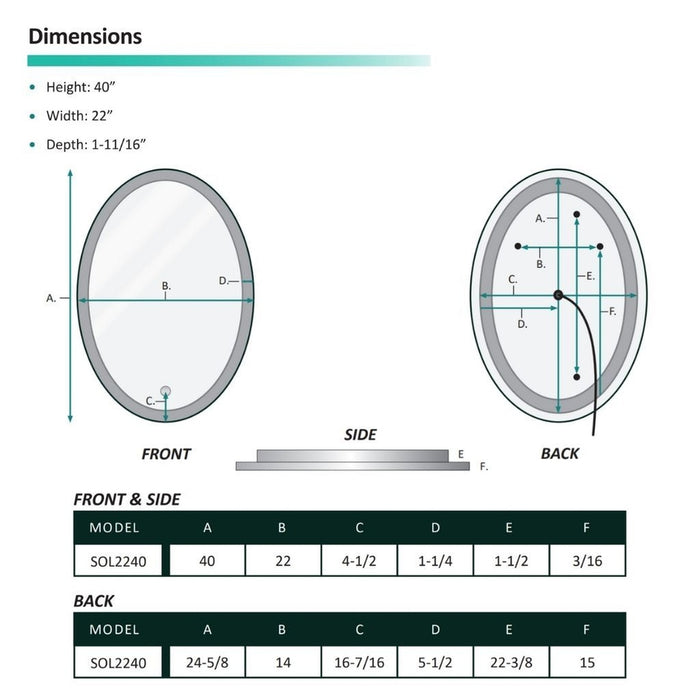 Krugg Reflections Sol 22" x 40" 5000K Oval Wall-Mounted Illuminated Silver Backed LED Mirror With Built-in Defogger and Touch Sensor On/Off Built-in Dimmer