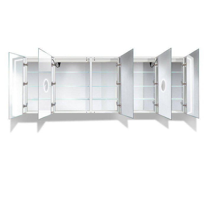 Krugg Reflections Svange 102" x 36" 5000K Double Penta-View Left-Left-Right-Right-Right Opening Recessed/Surface-Mount Illuminated Silver Backed LED Medicine Cabinet Mirror With Built-in Defogger, Dimmer and Electrical Outlet