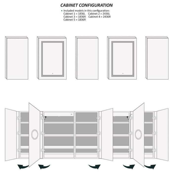 Krugg Reflections Svange 102" x 36" 5000K Double Penta-View Left-Left-Right-Right-Right Opening Recessed/Surface-Mount Illuminated Silver Backed LED Medicine Cabinet Mirror With Built-in Defogger, Dimmer and Electrical Outlet