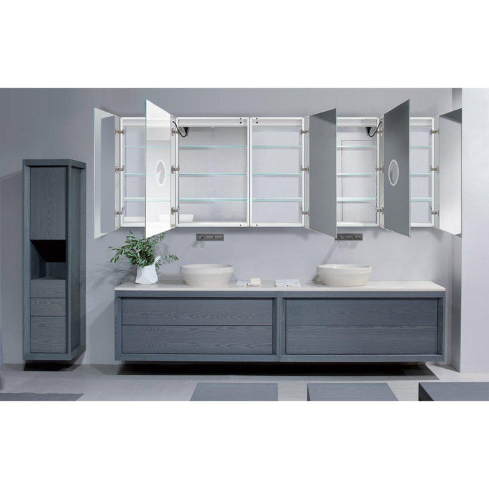 Krugg Reflections Svange 102" x 36" 5000K Double Penta-View Left-Left-Right-Right-Right Opening Recessed/Surface-Mount Illuminated Silver Backed LED Medicine Cabinet Mirror With Built-in Defogger, Dimmer and Electrical Outlet