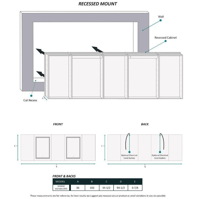 Krugg Reflections Svange 102" x 36" 5000K Double Penta-View Left-Left-Right-Right-Right Opening Recessed/Surface-Mount Illuminated Silver Backed LED Medicine Cabinet Mirror With Built-in Defogger, Dimmer and Electrical Outlet