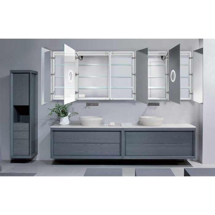 Krugg Reflections Svange 102" x 36" 5000K Double Penta-View Left-Left-Right-Right-Right Opening Recessed/Surface-Mount Illuminated Silver Backed LED Medicine Cabinet Mirror With Built-in Defogger, Dimmer and Electrical Outlet