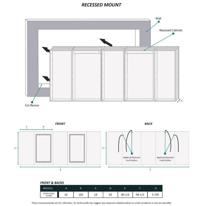 Krugg Reflections Svange 102" x 42" 5000K Double Penta-View Left-Left-Right-Right-Right Opening Recessed/Surface-Mount Illuminated Silver Backed LED Medicine Cabinet Mirror With Built-in Defogger, Dimmer and Electrical Outlet