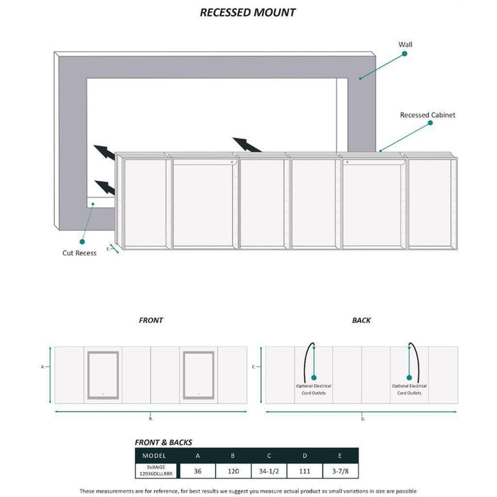 Krugg Reflections Svange 120" x 36" 5000K Double Hexa-View Left-Left-Left-Right-Right-Right Opening Recessed/Surface-Mount Illuminated Silver Backed LED Medicine Cabinet Mirror With Built-in Defogger, Dimmer and Electrical Outlet