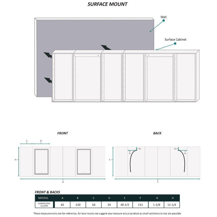 Krugg Reflections Svange 120" x 42" 5000K Double Hexa-View Left-Left-Left-Right-Right-Right Opening Recessed/Surface-Mount Illuminated Silver Backed LED Medicine Cabinet Mirror With Built-in Defogger, Dimmer and Electrical Outlet