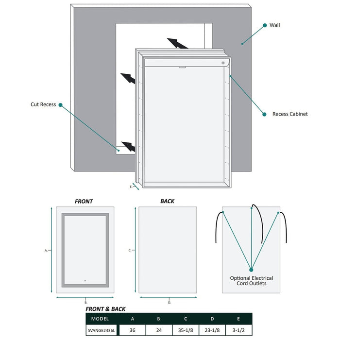 Krugg Reflections Svange 24" x 36" 5000K Single Left Opening Rectangular Recessed/Surface-Mount Illuminated Silver Backed LED Medicine Cabinet Mirror With Built-in Defogger, Dimmer and Electrical Outlet