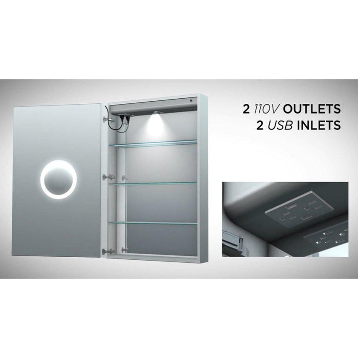 Krugg Reflections Svange 24" x 42" 5000K Single Left Opening Rectangular Recessed/Surface-Mount Illuminated Silver Backed LED Medicine Cabinet Mirror With Built-in Defogger, Dimmer and Electrical Outlet