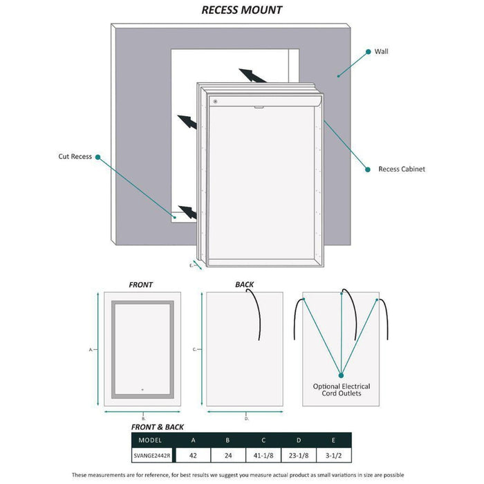 Krugg Reflections Svange 24" x 42" 5000K Single Right Opening Rectangular Recessed/Surface-Mount Illuminated Silver Backed LED Medicine Cabinet Mirror With Built-in Defogger, Dimmer and Electrical Outlet