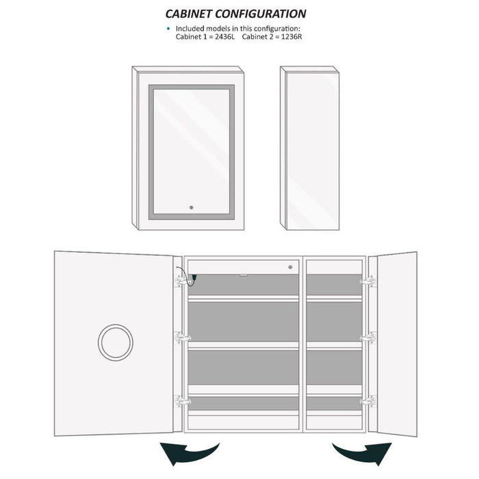 Krugg Reflections Svange 36" x 36" 5000K Single Bi-View Left Opening Recessed/Surface-Mount Illuminated Silver Backed LED Medicine Cabinet Mirror With Built-in Defogger, Dimmer and Electrical Outlet