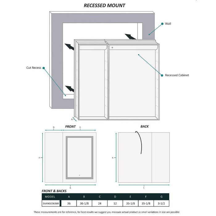 Krugg Reflections Svange 36" x 36" 5000K Single Bi-View Right Opening Recessed/Surface-Mount Illuminated Silver Backed LED Medicine Cabinet Mirror With Built-in Defogger, Dimmer and Electrical Outlet