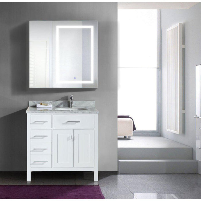 Krugg Reflections Svange 36" x 36" 5000K Single Bi-View Right Opening Recessed/Surface-Mount Illuminated Silver Backed LED Medicine Cabinet Mirror With Built-in Defogger, Dimmer and Electrical Outlet