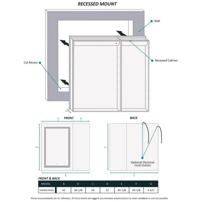 Krugg Reflections Svange 36" x 42" 5000K Single Bi-View Left Opening Recessed/Surface-Mount Illuminated Silver Backed LED Medicine Cabinet Mirror With Built-in Defogger, Dimmer and Electrical Outlet