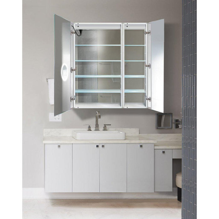 Krugg Reflections Svange 36" x 42" 5000K Single Bi-View Left Opening Recessed/Surface-Mount Illuminated Silver Backed LED Medicine Cabinet Mirror With Built-in Defogger, Dimmer and Electrical Outlet