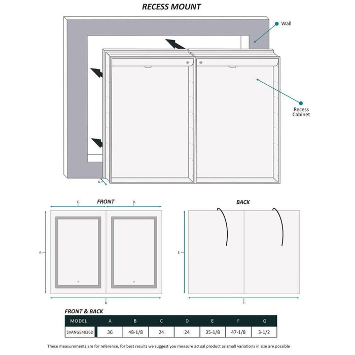 Krugg Reflections Svange 48" x 36" 5000K Double Dual Opening Recessed/Surface-Mount Illuminated Silver Backed LED Medicine Cabinet Mirror With Built-in Defogger, Dimmer and Electrical Outlet