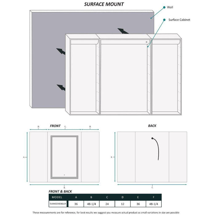 Krugg Reflections Svange 48" x 36" 5000K Single Tri-View Left-Left-Right Opening Recessed/Surface-Mount Illuminated Silver Backed LED Medicine Cabinet Mirror With Built-in Defogger, Dimmer and Electrical Outlet
