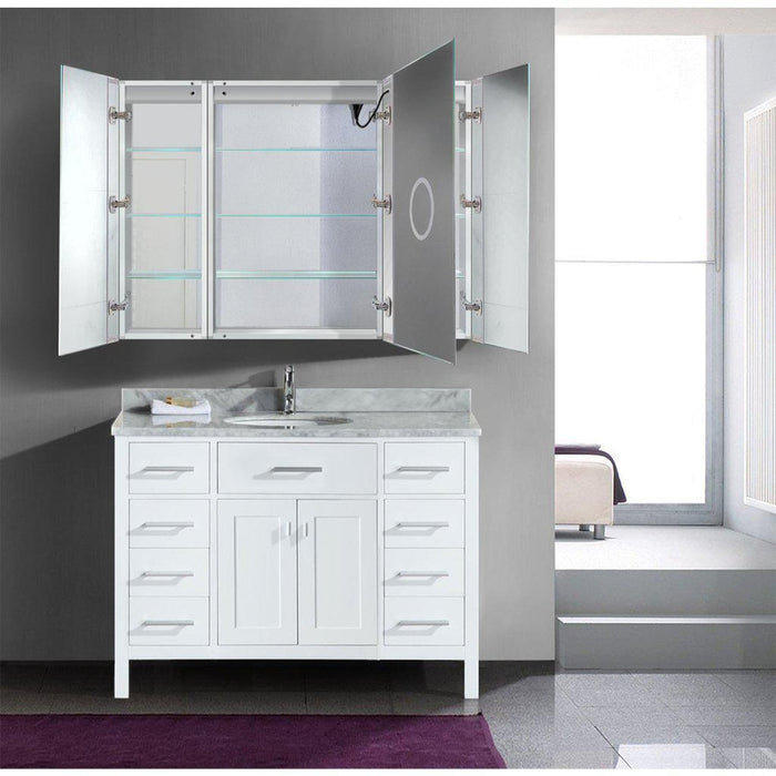 Krugg Reflections Svange 48" x 36" 5000K Single Tri-View Left-Right-Right Opening Recessed/Surface-Mount Illuminated Silver Backed LED Medicine Cabinet Mirror With Built-in Defogger, Dimmer and Electrical Outlet