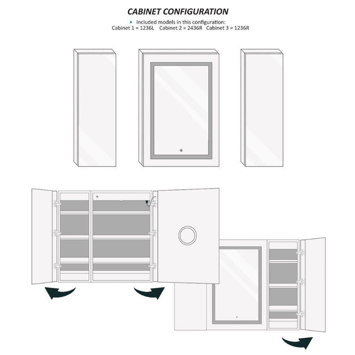 Krugg Reflections Svange 48" x 36" 5000K Single Tri-View Left-Right-Right Opening Recessed/Surface-Mount Illuminated Silver Backed LED Medicine Cabinet Mirror With Built-in Defogger, Dimmer and Electrical Outlet