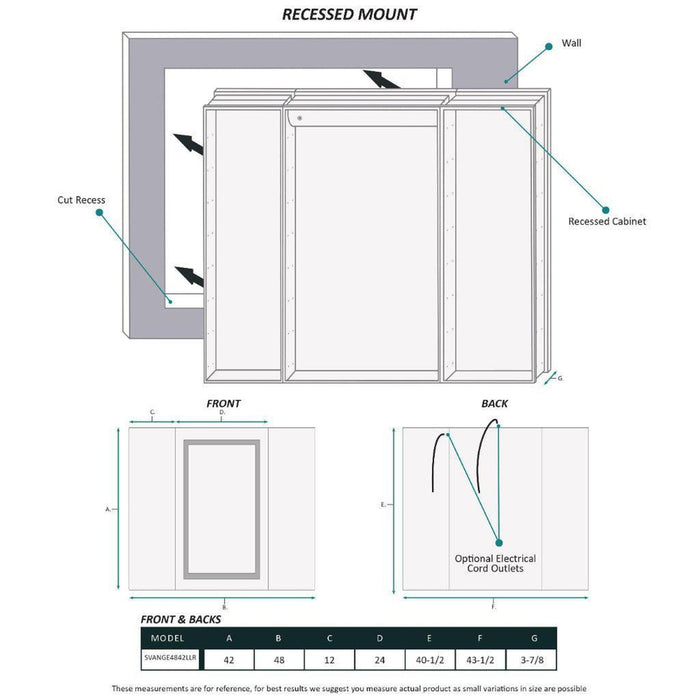 Krugg Reflections Svange 48" x 42" 5000K Single Tri-View Left-Right-Right Opening Recessed/Surface-Mount Illuminated Silver Backed LED Medicine Cabinet Mirror With Built-in Defogger, Dimmer and Electrical Outlet