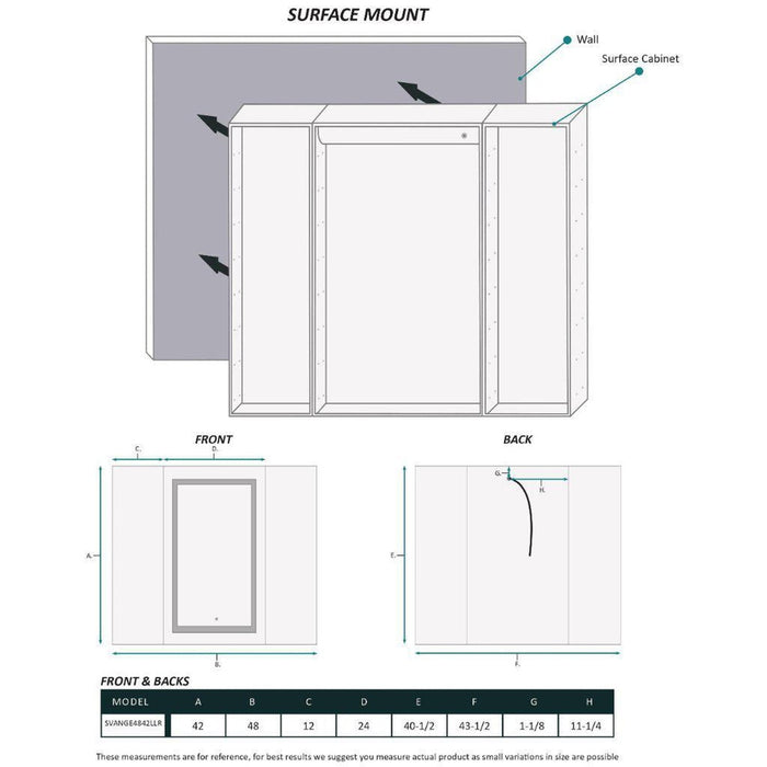 Krugg Reflections Svange 48" x 42" 5000K Singlle Tri-View Left-Left-Right Opening Recessed/Surface-Mount Illuminated Silver Backed LED Medicine Cabinet Mirror With Built-in Defogger, Dimmer and Electrical Outlet