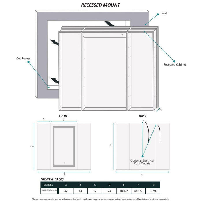 Krugg Reflections Svange 48" x 42" 5000K Singlle Tri-View Left-Left-Right Opening Recessed/Surface-Mount Illuminated Silver Backed LED Medicine Cabinet Mirror With Built-in Defogger, Dimmer and Electrical Outlet