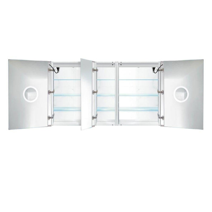 Krugg Reflections Svange 60" x 36" 5000K Double Left-Left-Right Opening Recessed/Surface-Mount Illuminated Silver Backed LED Medicine Cabinet Mirror With Built-in Defogger, Dimmer and Electrical Outlet