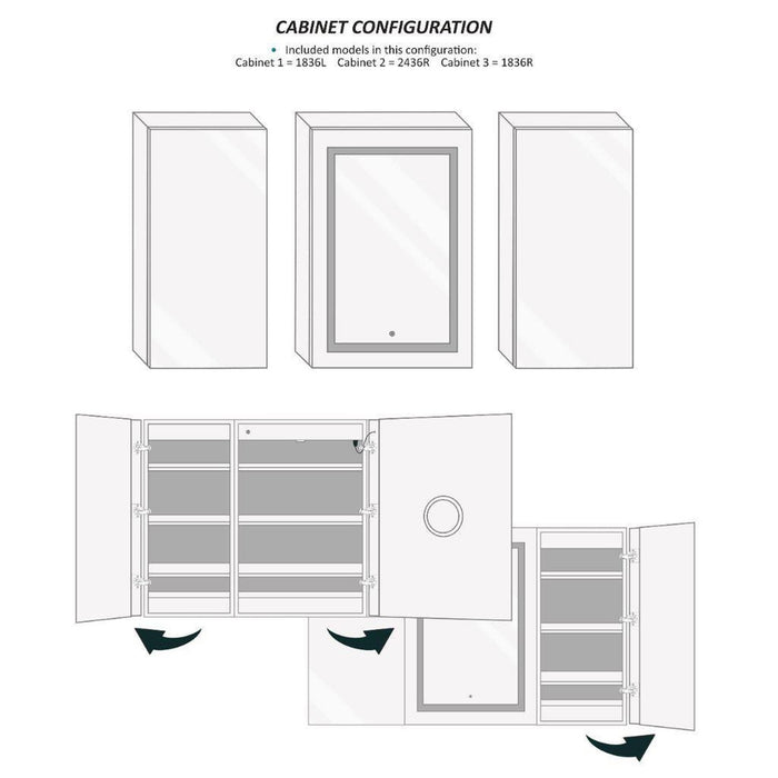 Krugg Reflections Svange 60" x 36" 5000K Single Tri-View Left-Right-Right Opening Recessed/Surface-Mount Illuminated Silver Backed LED Medicine Cabinet Mirror With Built-in Defogger, Dimmer and Electrical Outlet