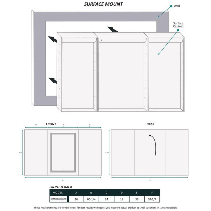 Krugg Reflections Svange 60" x 36" 5000K Single Tri-View Left-Right-Right Opening Recessed/Surface-Mount Illuminated Silver Backed LED Medicine Cabinet Mirror With Built-in Defogger, Dimmer and Electrical Outlet