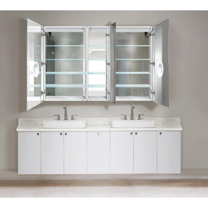 Krugg Reflections Svange 60" x 42" 5000K Double Left-Right-Right Opening Recessed/Surface-Mount Illuminated Silver Backed LED Medicine Cabinet Mirror With Built-in Defogger, Dimmer and Electrical Outlet