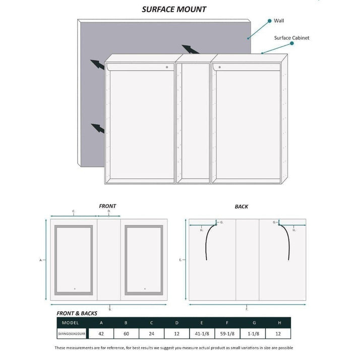 Krugg Reflections Svange 60" x 42" 5000K Double Left-Right-Right Opening Recessed/Surface-Mount Illuminated Silver Backed LED Medicine Cabinet Mirror With Built-in Defogger, Dimmer and Electrical Outlet