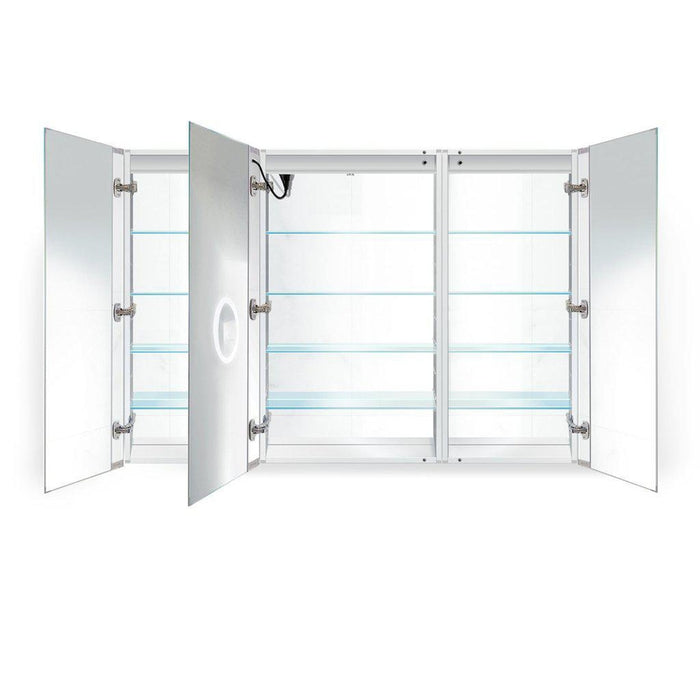 Krugg Reflections Svange 60" x 42" 5000K Single Tri-View Left-Left-Right Opening Recessed/Surface-Mount Illuminated Silver Backed LED Medicine Cabinet Mirror With Built-in Defogger, Dimmer and Electrical Outlet