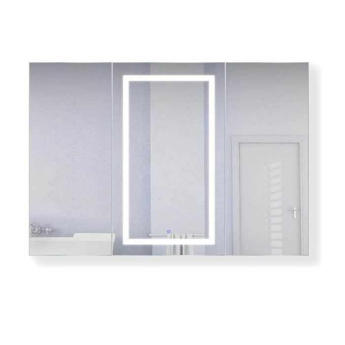 Krugg Reflections Svange 60" x 42" 5000K Single Tri-View Left-Left-Right Opening Recessed/Surface-Mount Illuminated Silver Backed LED Medicine Cabinet Mirror With Built-in Defogger, Dimmer and Electrical Outlet