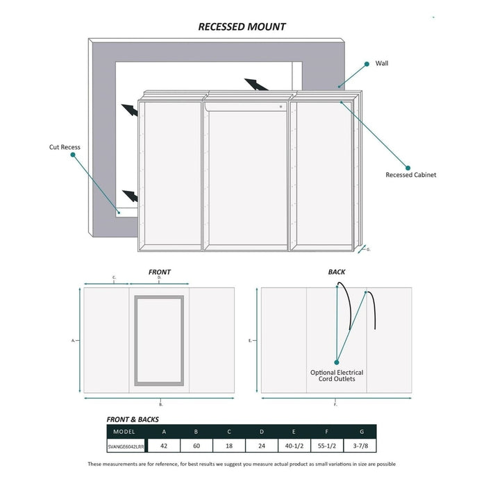 Krugg Reflections Svange 60" x 42" 5000K Single Tri-View Left-Right-Right Opening Recessed/Surface-Mount Illuminated Silver Backed LED Medicine Cabinet Mirror With Built-in Defogger, Dimmer and Electrical Outlet