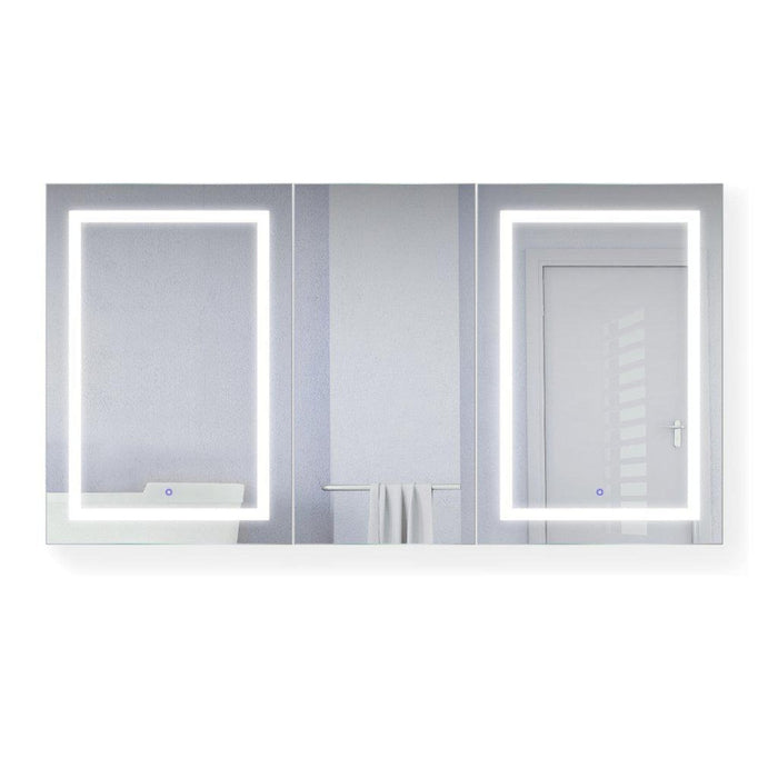 Krugg Reflections Svange 66" x 36" 5000K Double Tri-View Left-Left-Right Opening Recessed/Surface-Mount Illuminated Silver Backed LED Medicine Cabinet Mirror With Built-in Defogger, Dimmer and Electrical Outlet