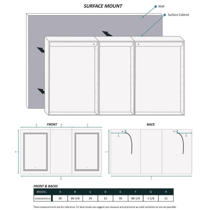 Krugg Reflections Svange 66" x 36" 5000K Double Tri-View Left-Right-Right Opening Recessed/Surface-Mount Illuminated Silver Backed LED Medicine Cabinet Mirror With Built-in Defogger, Dimmer and Electrical Outlet