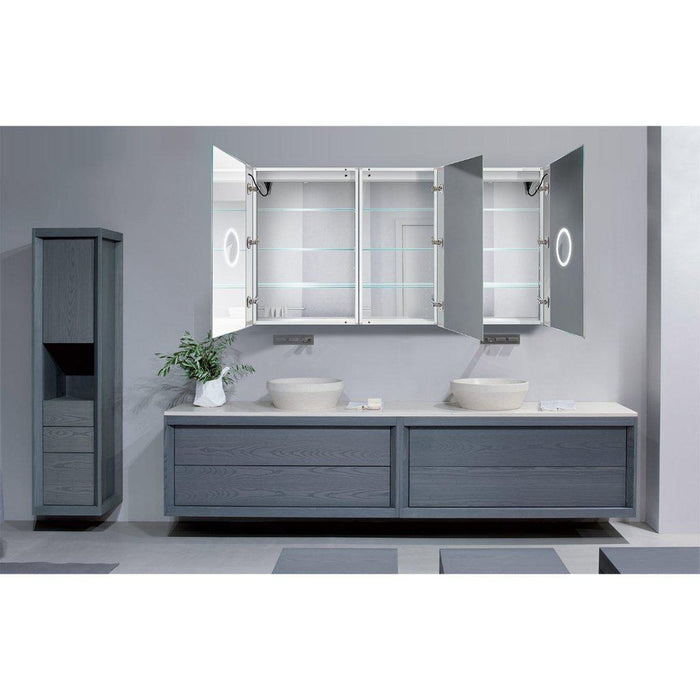 Krugg Reflections Svange 66" x 36" 5000K Double Tri-View Left-Right-Right Opening Recessed/Surface-Mount Illuminated Silver Backed LED Medicine Cabinet Mirror With Built-in Defogger, Dimmer and Electrical Outlet