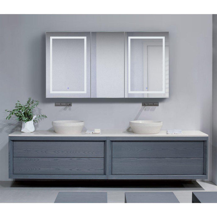 Krugg Reflections Svange 66" x 36" 5000K Double Tri-View Left-Right-Right Opening Recessed/Surface-Mount Illuminated Silver Backed LED Medicine Cabinet Mirror With Built-in Defogger, Dimmer and Electrical Outlet