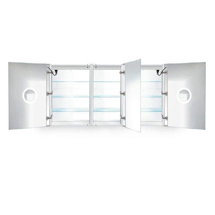 Krugg Reflections Svange 66" x 36" 5000K Double Tri-View Left-Right-Right Opening Recessed/Surface-Mount Illuminated Silver Backed LED Medicine Cabinet Mirror With Built-in Defogger, Dimmer and Electrical Outlet