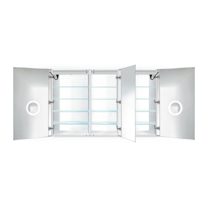 Krugg Reflections Svange 66" x 42" 5000K Double Tri-View Left-Right-Right Opening Recessed/Surface-Mount Illuminated Silver Backed LED Medicine Cabinet Mirror With Built-in Defogger, Dimmer and Electrical Outlet