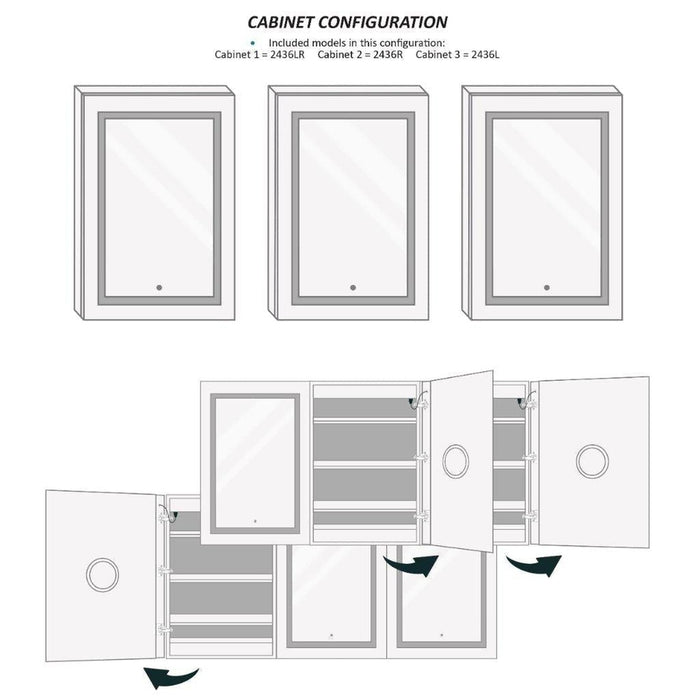 Krugg Reflections Svange 72" x 36" 5000K Tri-View Left-Right-Right Opening Recessed/Surface-Mount Illuminated Silver Backed LED Medicine Cabinet Mirror With Built-in Defogger, Dimmer and Electrical Outlet