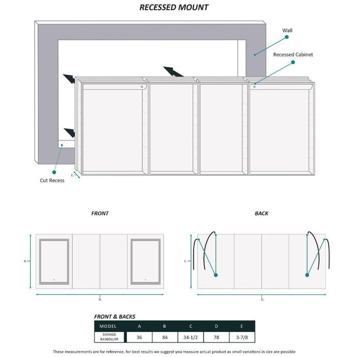 Krugg Reflections Svange 84" x 36" 5000K Double Quad-View Left-Left-Right-Right Opening Recessed/Surface-Mount Illuminated Silver Backed LED Medicine Cabinet Mirror With Built-in Defogger, Dimmer and Electrical Outlet