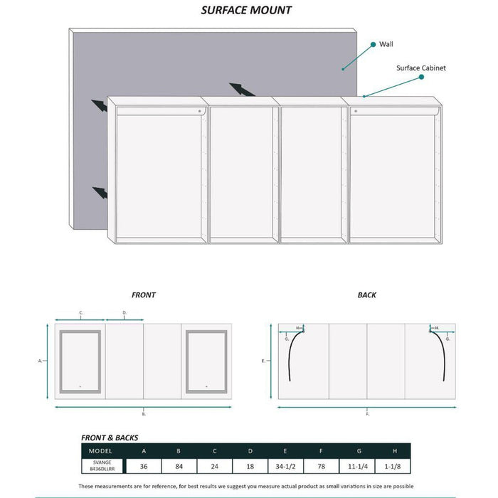 Krugg Reflections Svange 84" x 36" 5000K Double Quad-View Left-Left-Right-Right Opening Recessed/Surface-Mount Illuminated Silver Backed LED Medicine Cabinet Mirror With Built-in Defogger, Dimmer and Electrical Outlet