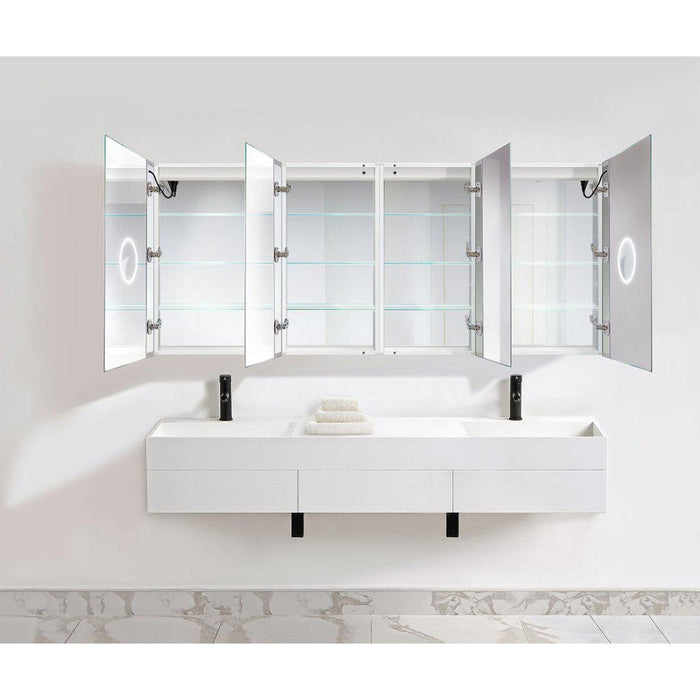 Krugg Reflections Svange 84" x 36" 5000K Double Quad-View Left-Left-Right-Right Opening Recessed/Surface-Mount Illuminated Silver Backed LED Medicine Cabinet Mirror With Built-in Defogger, Dimmer and Electrical Outlet