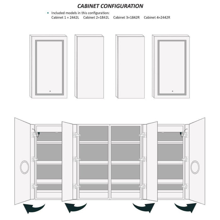 Krugg Reflections Svange 84" x 42" 5000K Double Quad-View Left-Left-Right-Right Opening Recessed/Surface-Mount Illuminated Silver Backed LED Medicine Cabinet Mirror With Built-in Defogger, Dimmer and Electrical Outlet