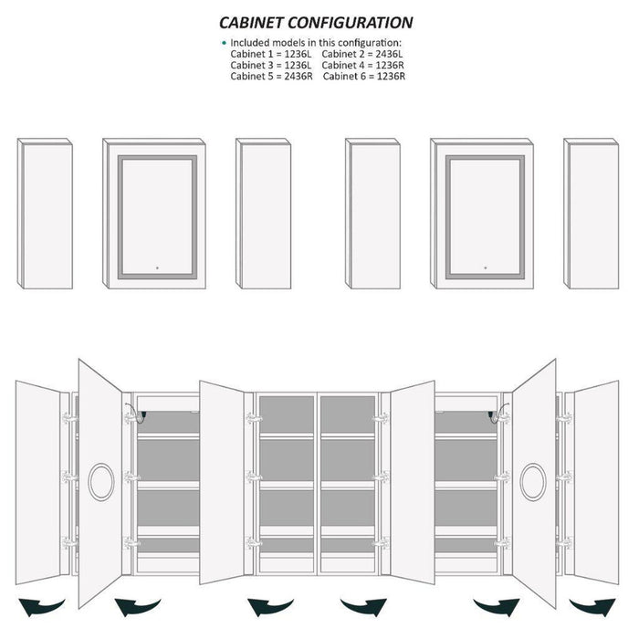 Krugg Reflections Svange 96" x 36" 5000K Double Hexa-View Left-Left-Left-Right-Right-Right Opening Recessed/Surface-Mount Illuminated Silver Backed LED Medicine Cabinet Mirror With Built-in Defogger, Dimmer and Electrical Outlet